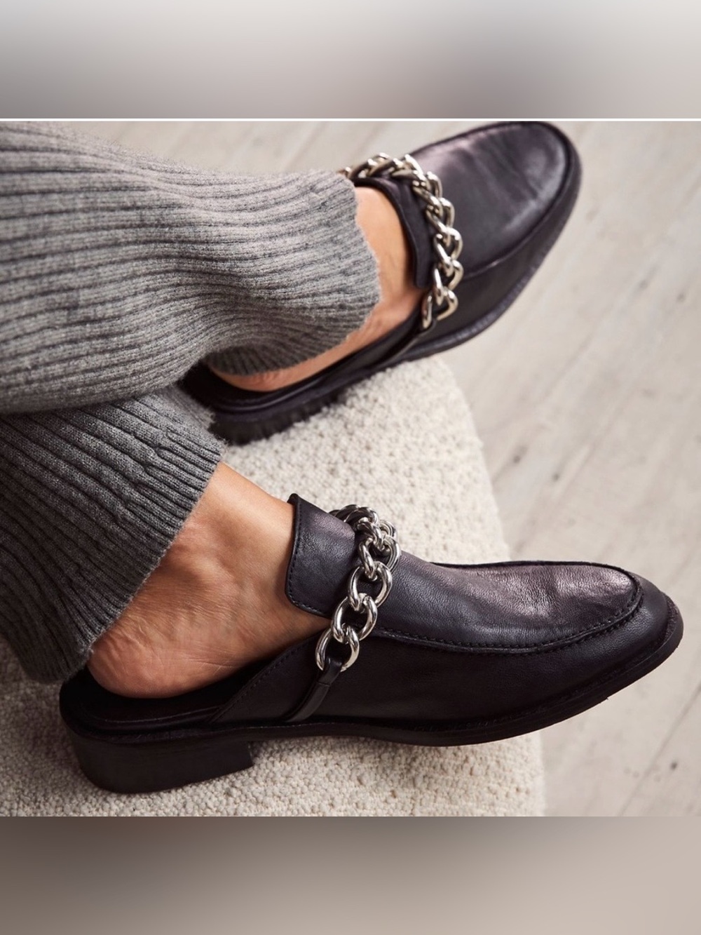 Free People Vida Black Leather Mules Slip On Chunky Chain Link Flats Sz 41 US 10